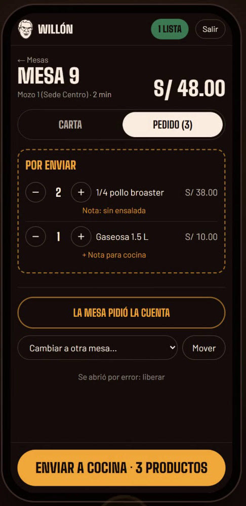 Pedido tomado por el mozo desde el celular